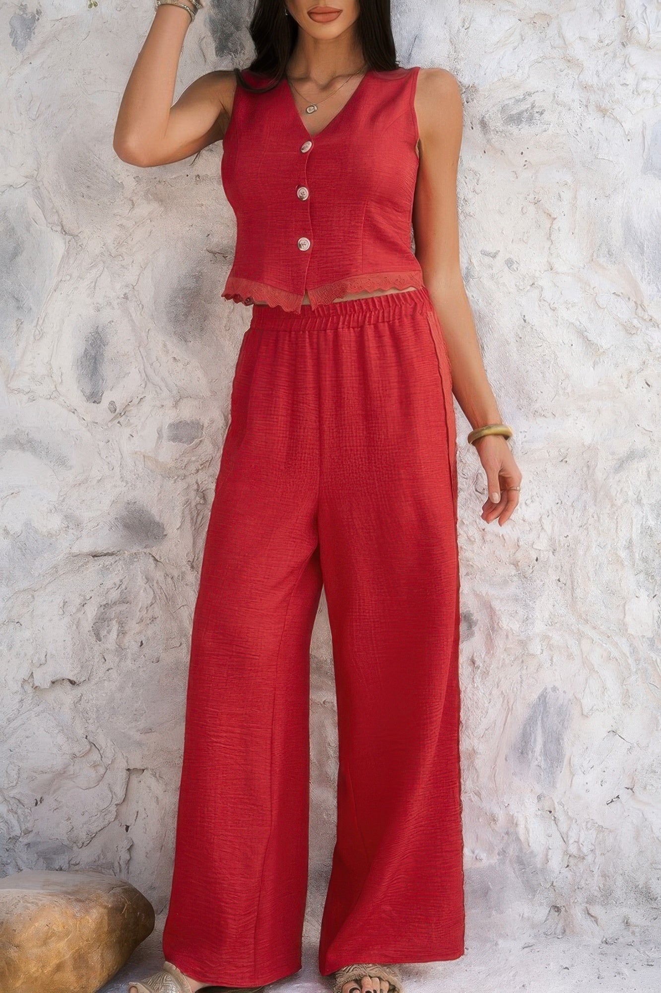 Solid Two Pieces Button Lace Hem Long Sets - Wear Arielle