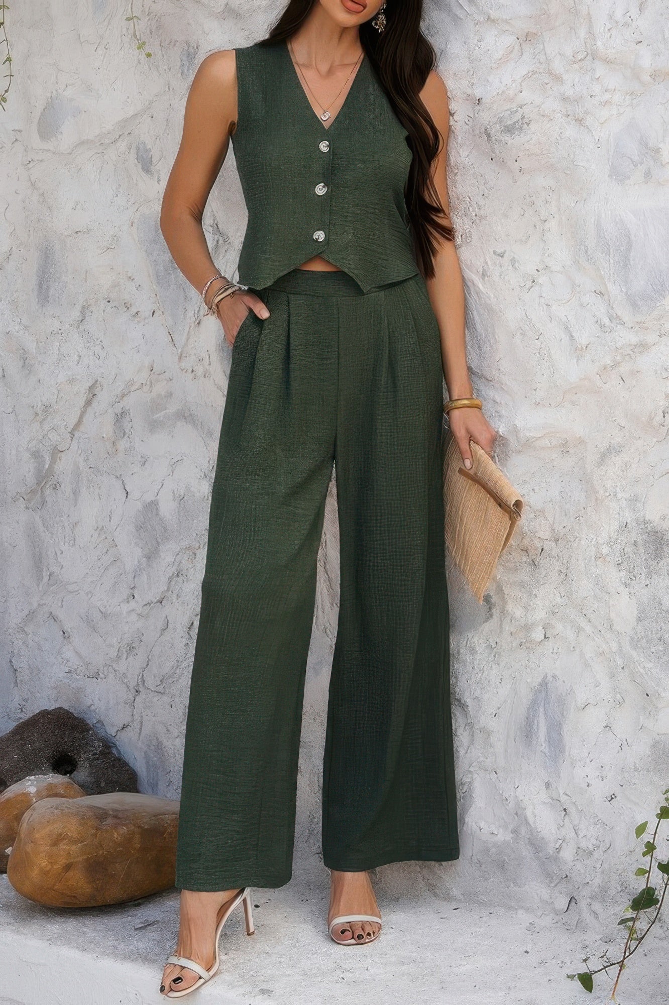 Solid V Neck Button Vest Pleated Suit Sets - Wear Arielle