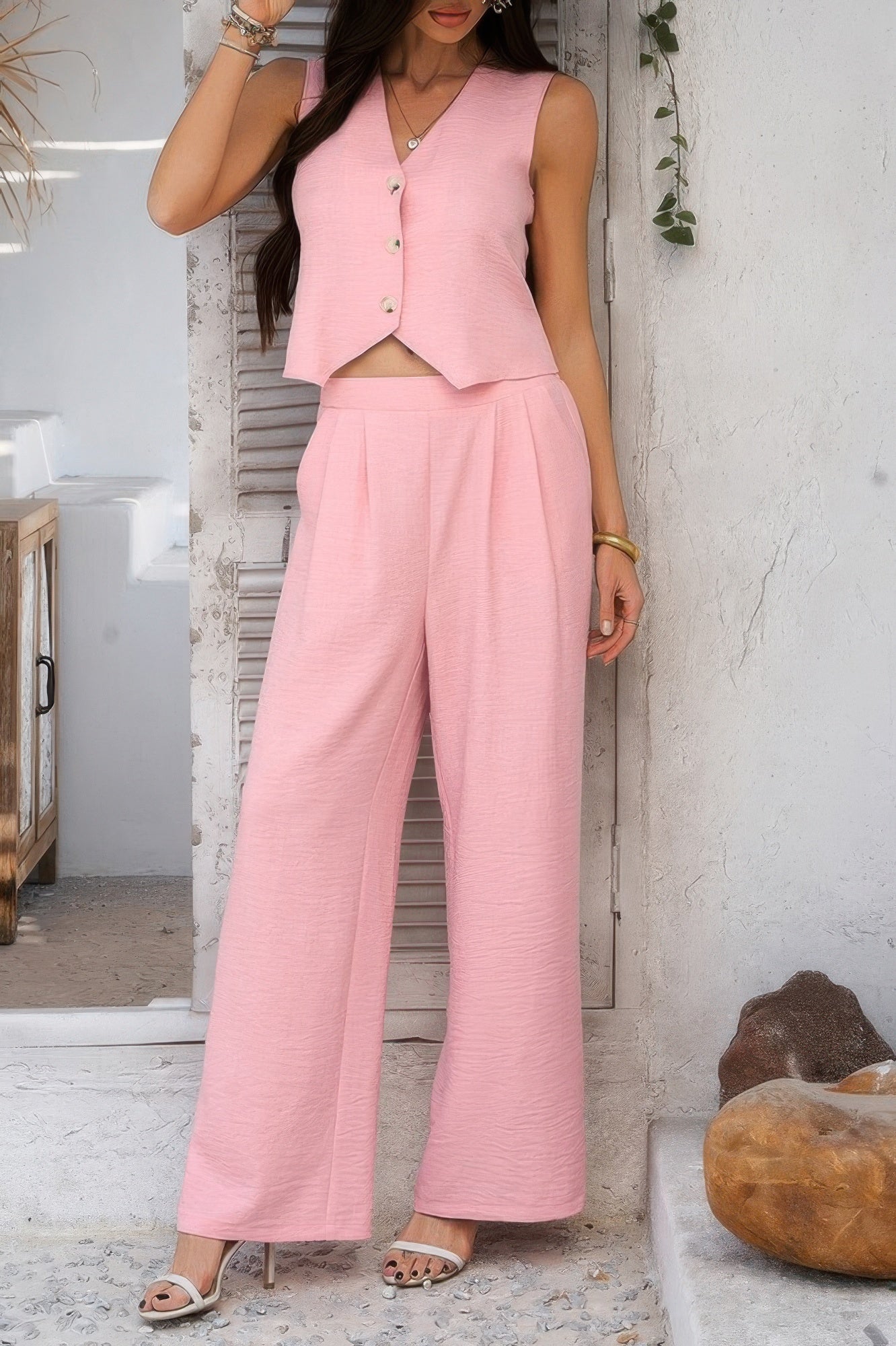 Solid V Neck Button Vest Pleated Suit Sets - Wear Arielle