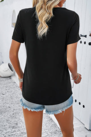Solid V Neck Cut Out Short Sleeve Loose Shirt - Wear Arielle