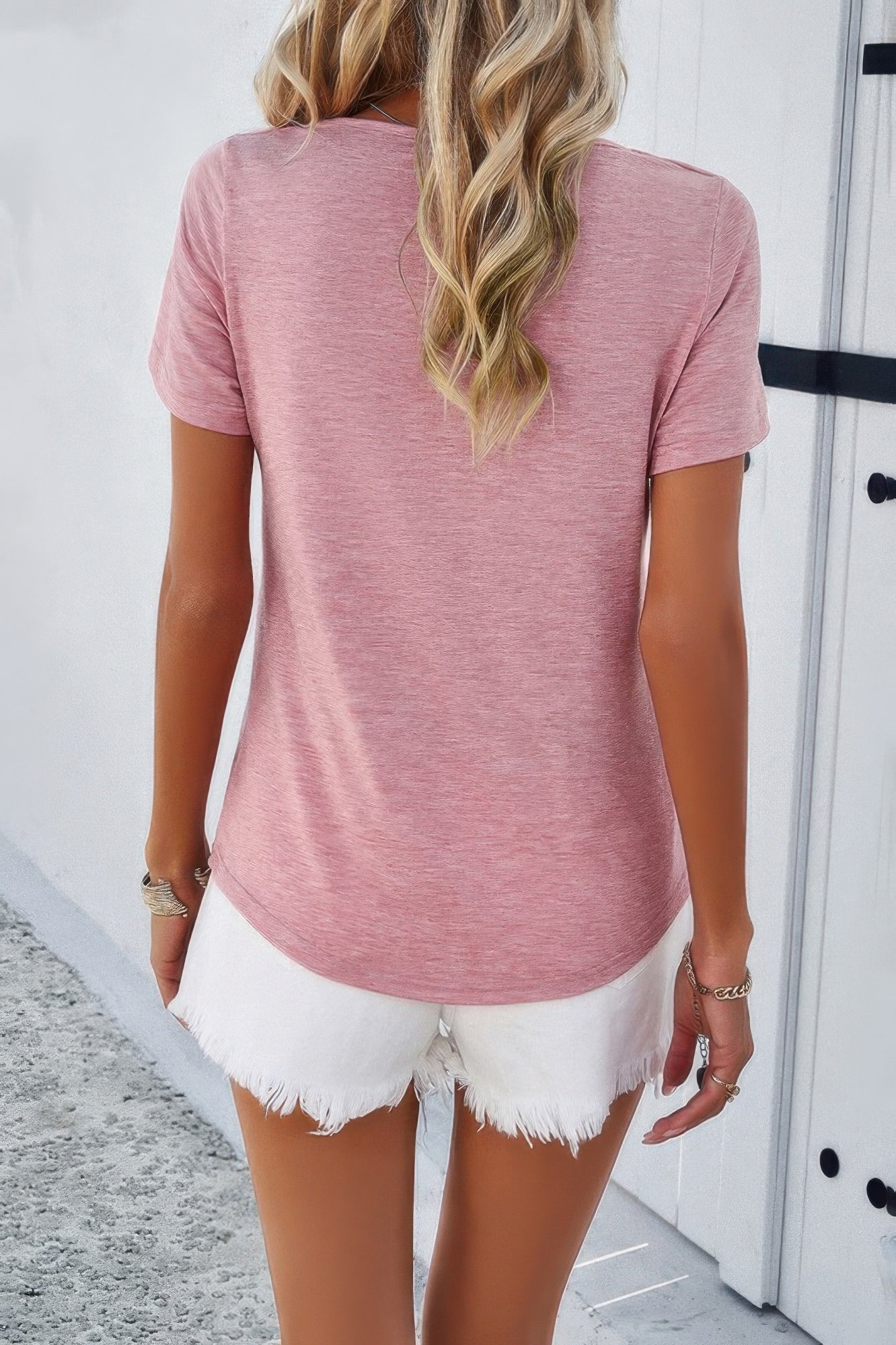 Solid V Neck Cut Out Short Sleeve Loose Shirt - Wear Arielle