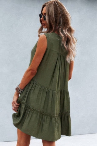 Solid V Neck Flat Collar Tiered Shift Dress - Wear Arielle