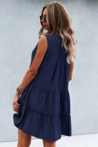 Solid V Neck Flat Collar Tiered Shift Dress - Wear Arielle