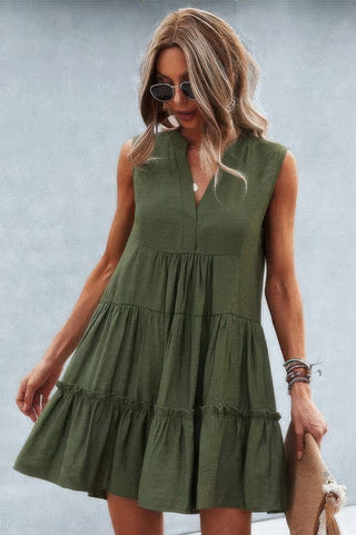 Solid V Neck Flat Collar Tiered Shift Dress - Wear Arielle