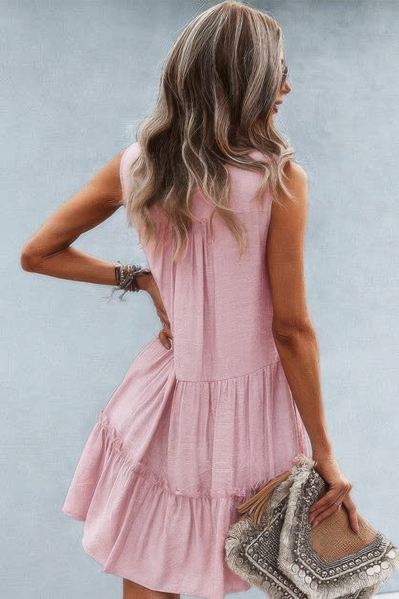 Solid V Neck Flat Collar Tiered Shift Dress - Wear Arielle