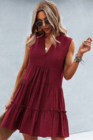 Solid V Neck Flat Collar Tiered Shift Dress - Wear Arielle