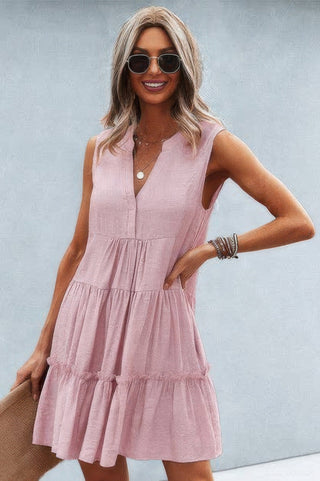 Solid V Neck Flat Collar Tiered Shift Dress - Wear Arielle