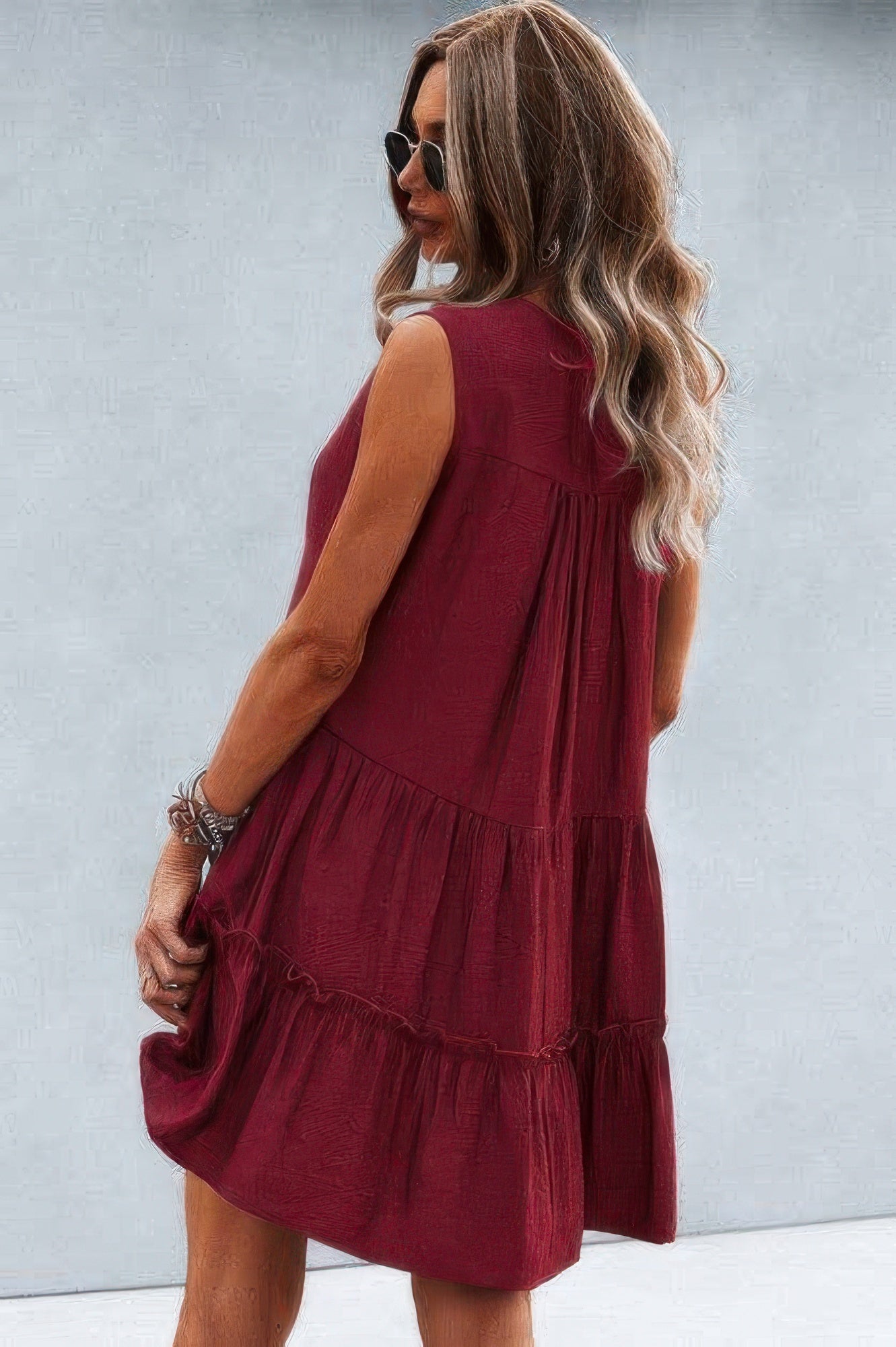 Solid V Neck Flat Collar Tiered Shift Dress - Wear Arielle