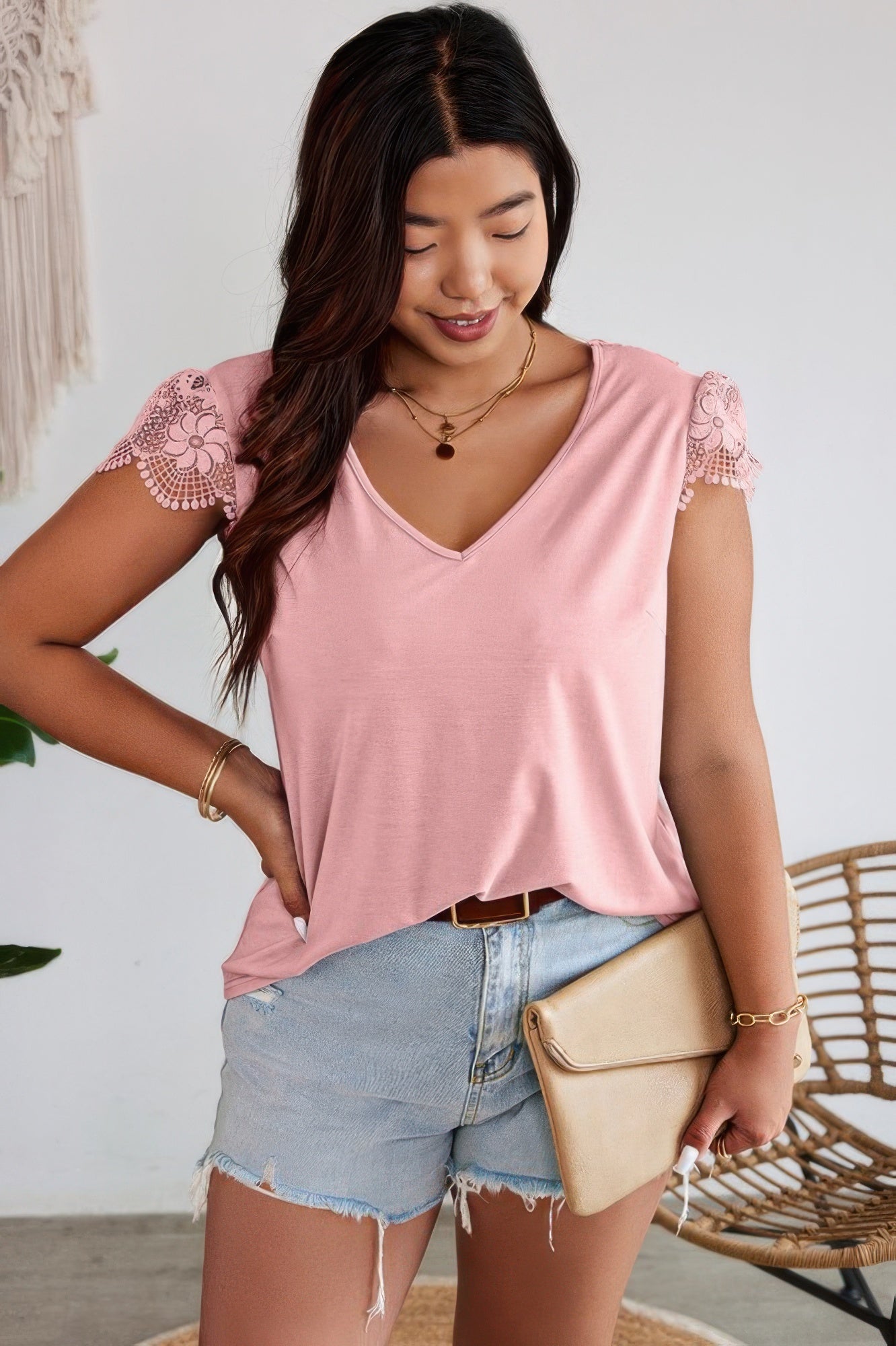 Solid V Neck Lace Splicing Back Bowknot T Shirt - Wear Arielle