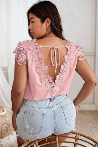 Solid V Neck Lace Splicing Back Bowknot T Shirt - Wear Arielle