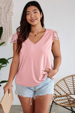 Solid V Neck Lace Splicing Back Bowknot T Shirt - Wear Arielle