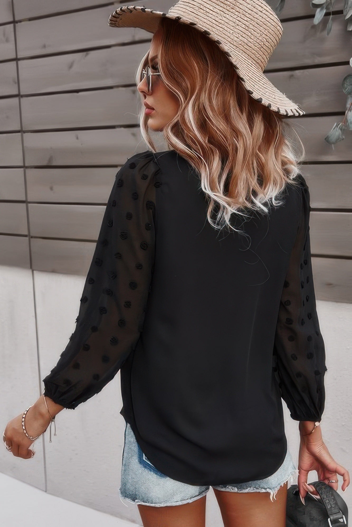 Solid V Neck Lantern Sleeve Swiss Dot Shirt - Wear Arielle