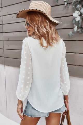 Solid V Neck Lantern Sleeve Swiss Dot Shirt - Wear Arielle
