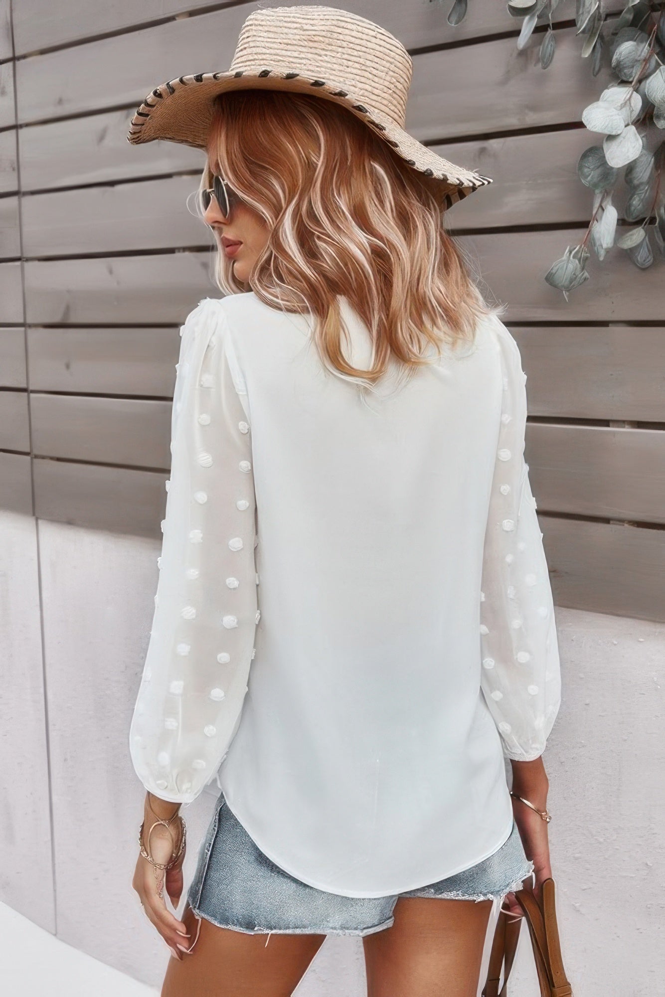 Solid V Neck Lantern Sleeve Swiss Dot Shirt - Wear Arielle
