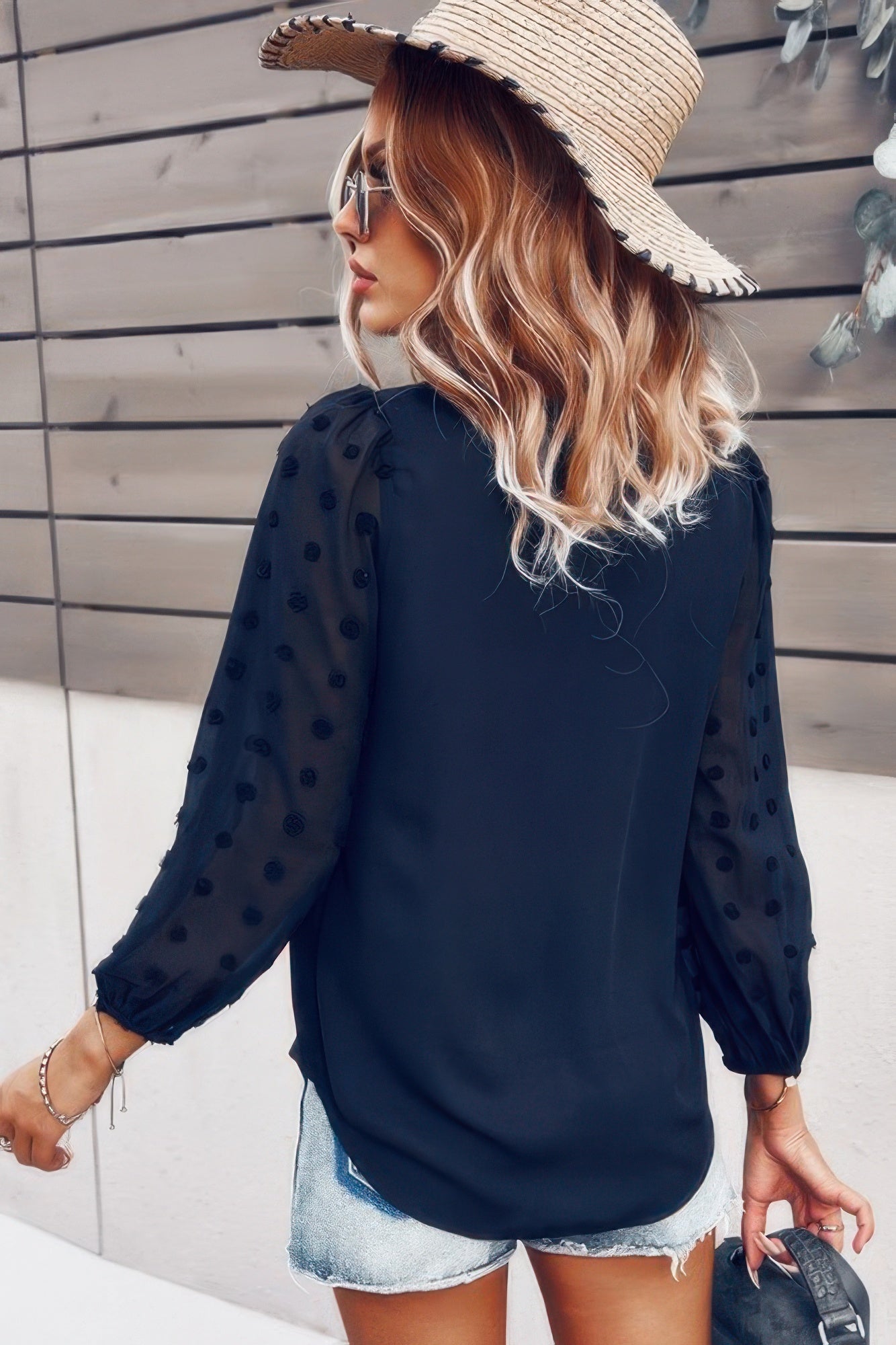 Solid V Neck Lantern Sleeve Swiss Dot Shirt - Wear Arielle