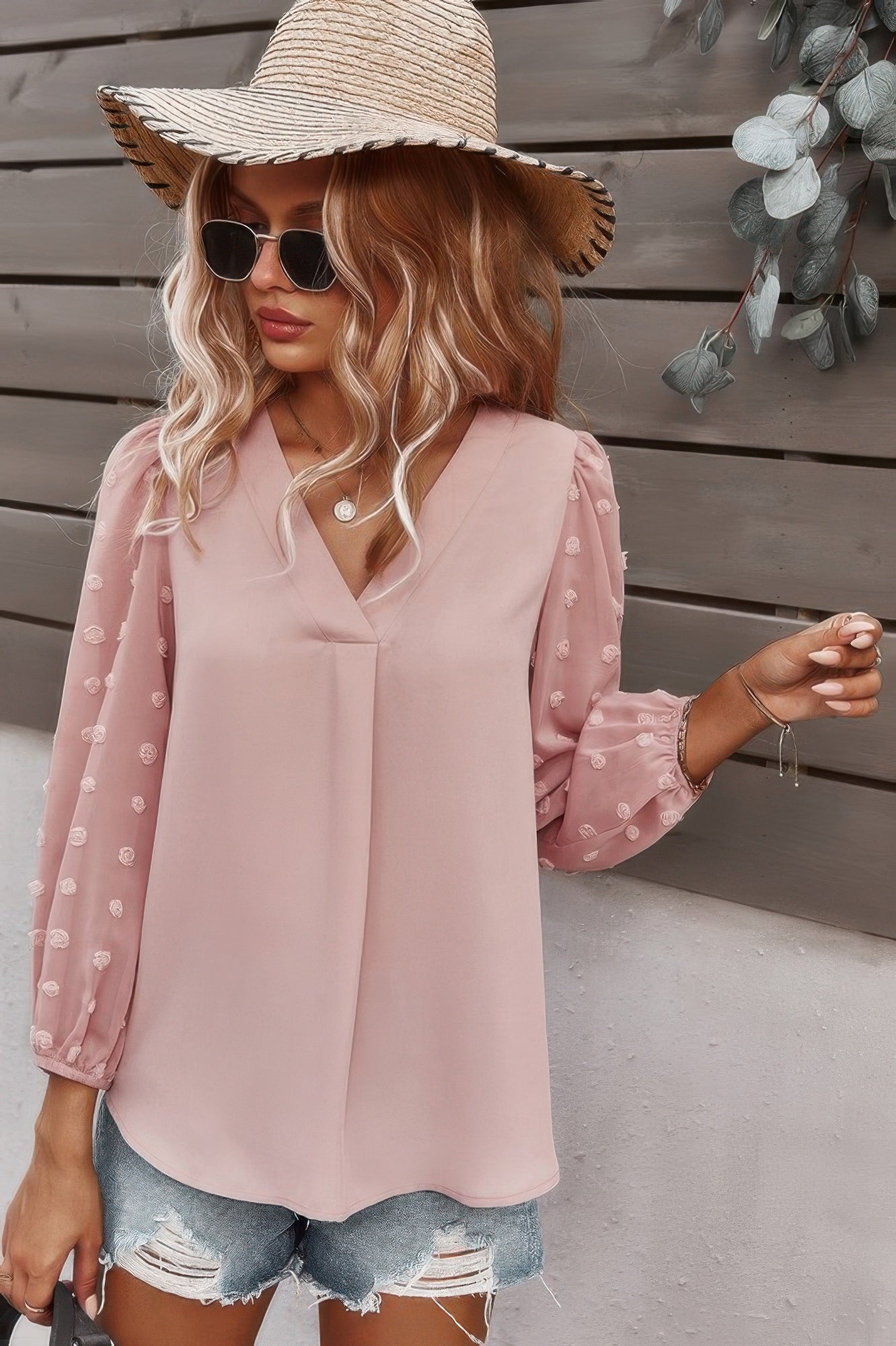 Solid V Neck Lantern Sleeve Swiss Dot Shirt - Wear Arielle