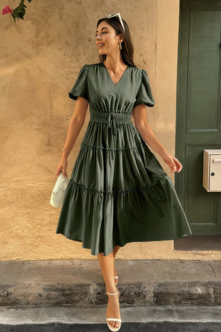 Solid V Neck Puff Sleeve Elastic Waist Dress - Wear Arielle