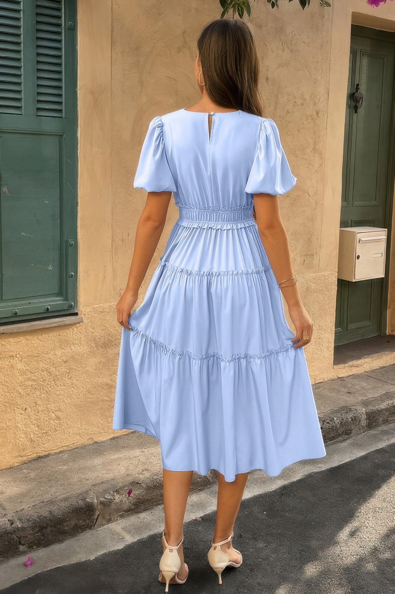 Solid V Neck Puff Sleeve Elastic Waist Dress - Wear Arielle