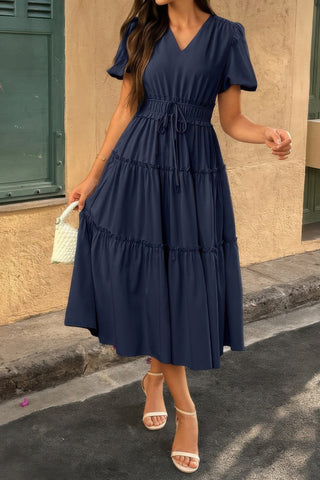 Solid V Neck Puff Sleeve Elastic Waist Dress - Wear Arielle