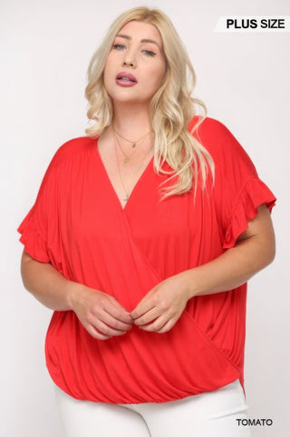 Solid Viscose Knit Surplice Top With Ruffle Sleeve - Wear Arielle