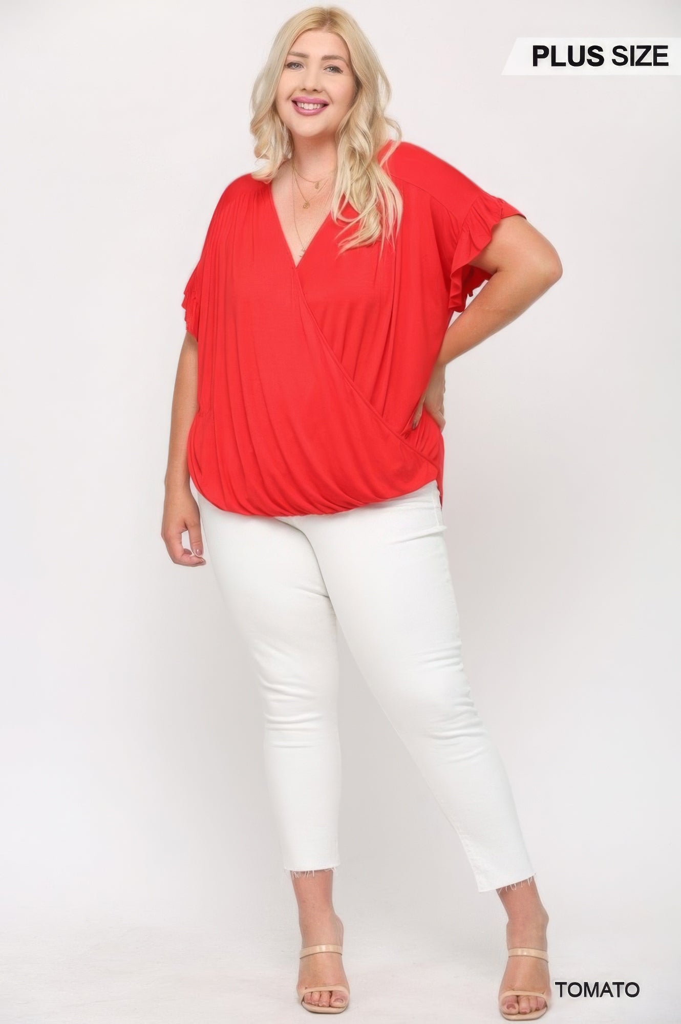 Solid Viscose Knit Surplice Top With Ruffle Sleeve - Wear Arielle