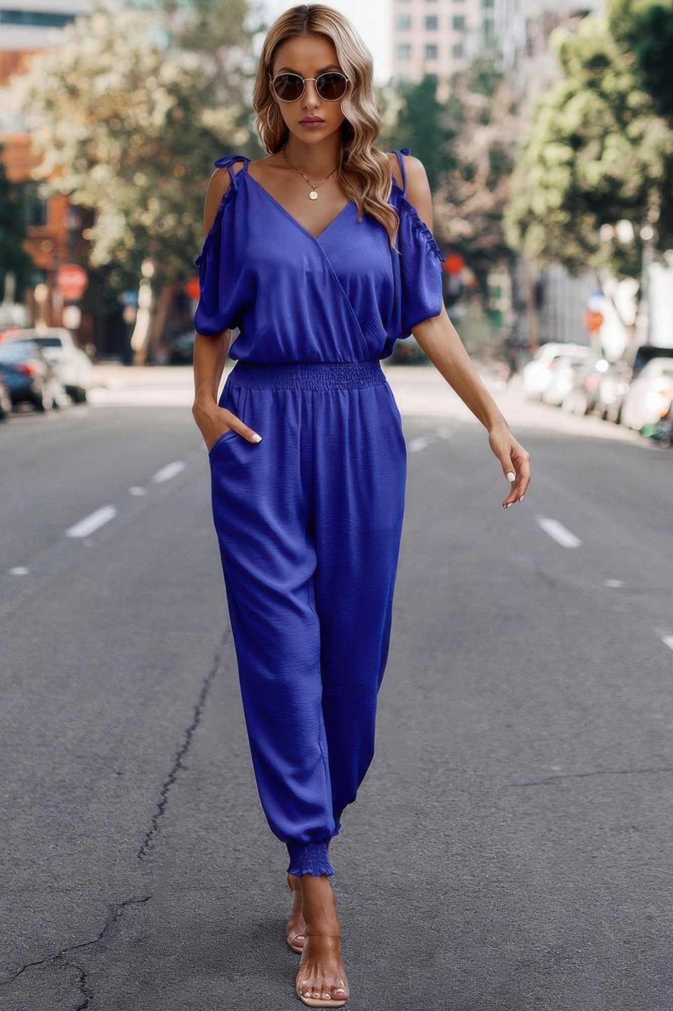 Solid Wrap V Neck Cold Shoulder Outfits Jumpsuit - Wear Arielle