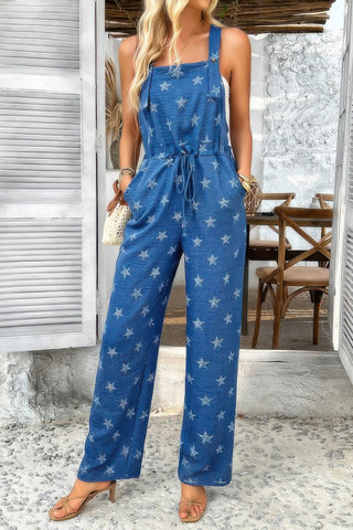 Star Print Button Tie Pockets Drawstring Jumpsuit - Wear Arielle