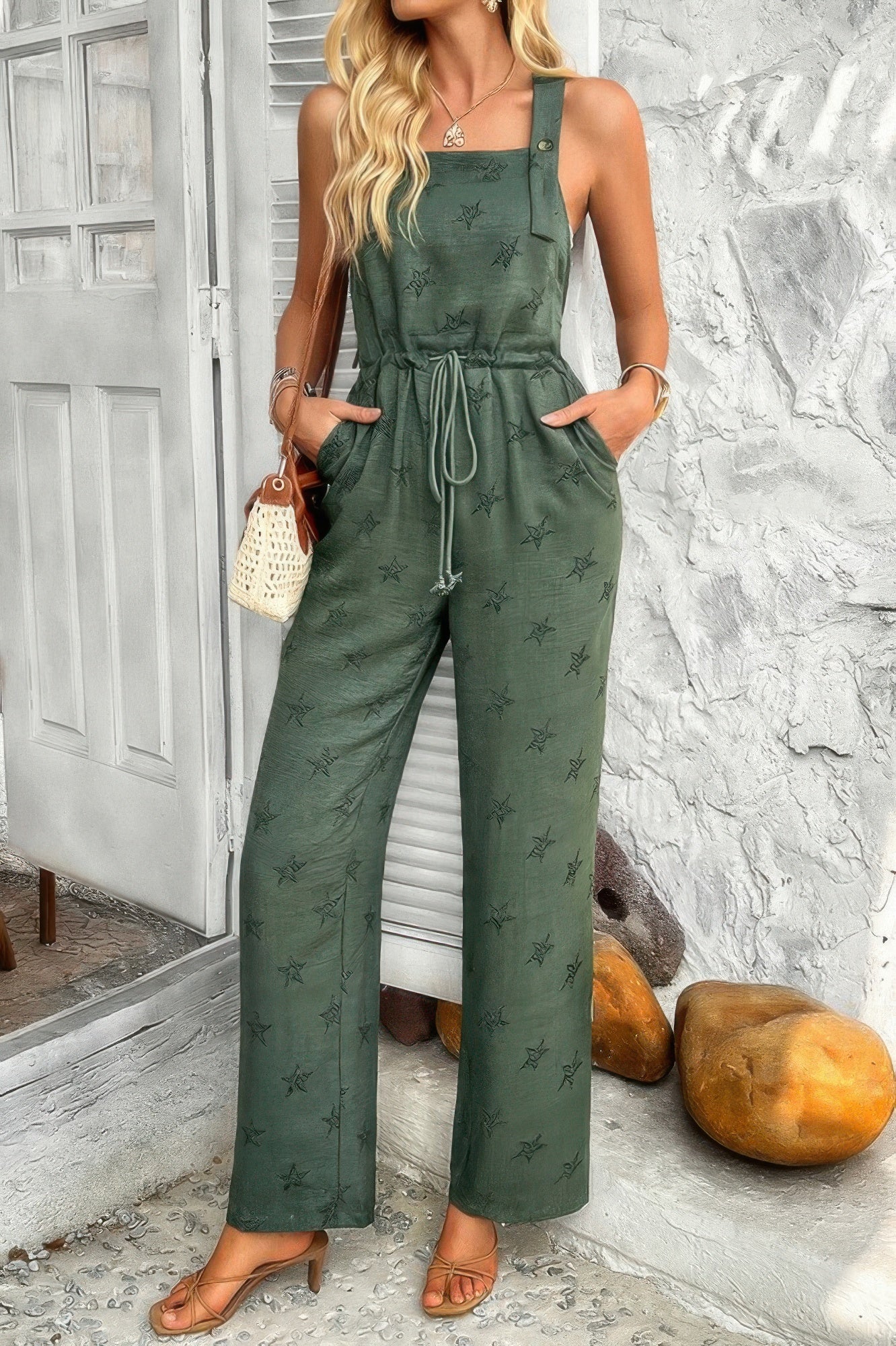 Star Print Button Tie Pockets Drawstring Jumpsuit - Wear Arielle