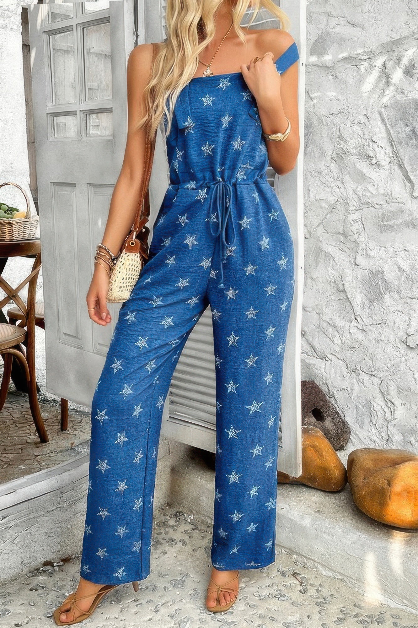 Star Print Button Tie Pockets Drawstring Jumpsuit - Wear Arielle