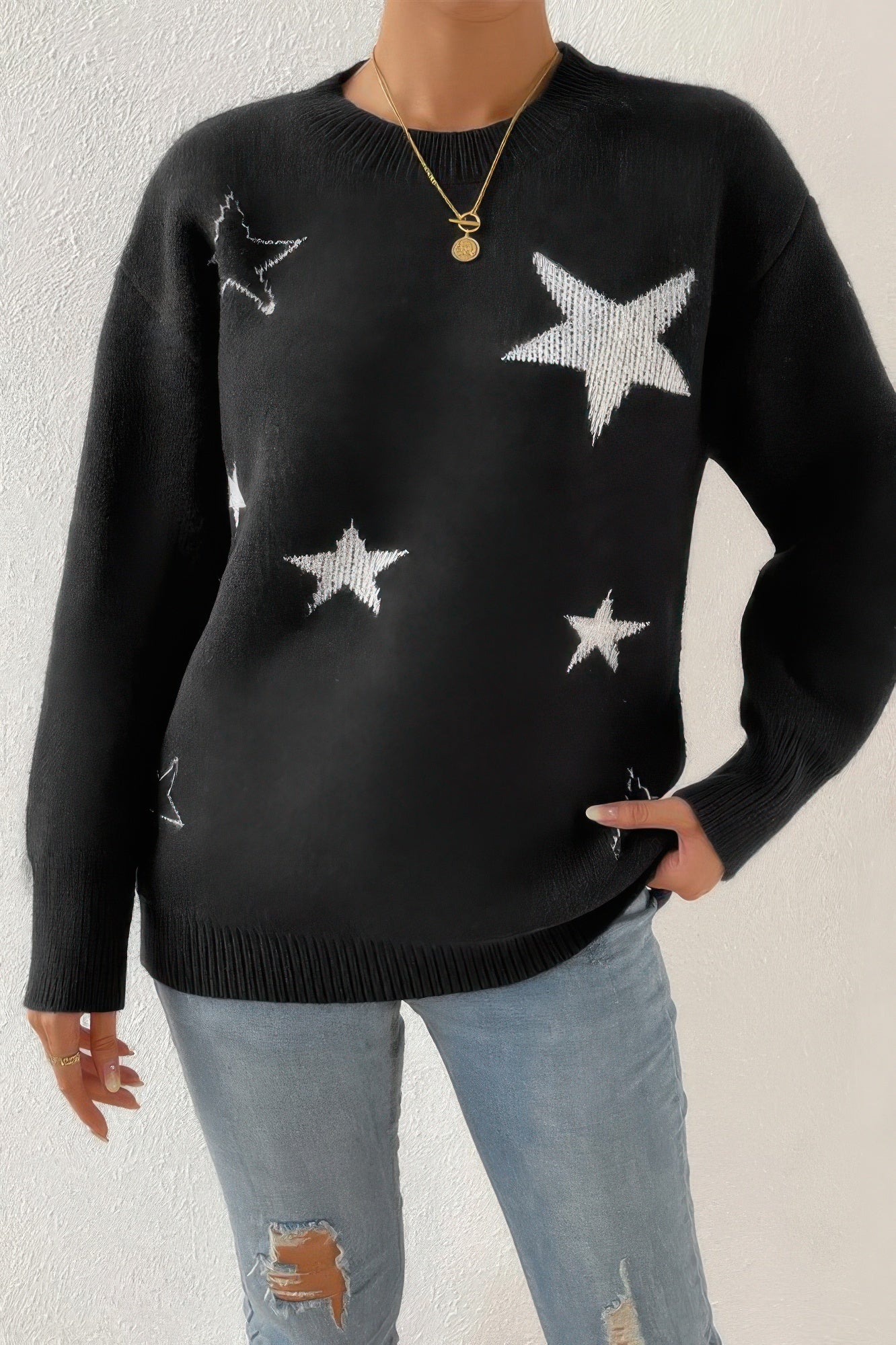 Star Print Knit Lose Fit Sweater - Wear Arielle