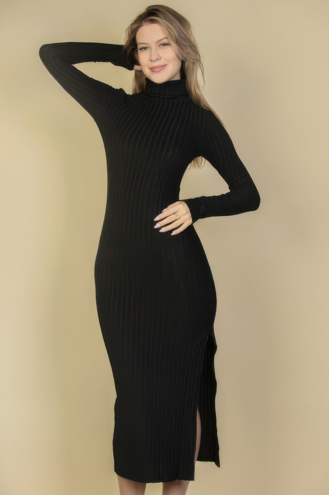 Sweater - knit Fuzzy Turtle Neck Split Thigh Dress - Wear Arielle