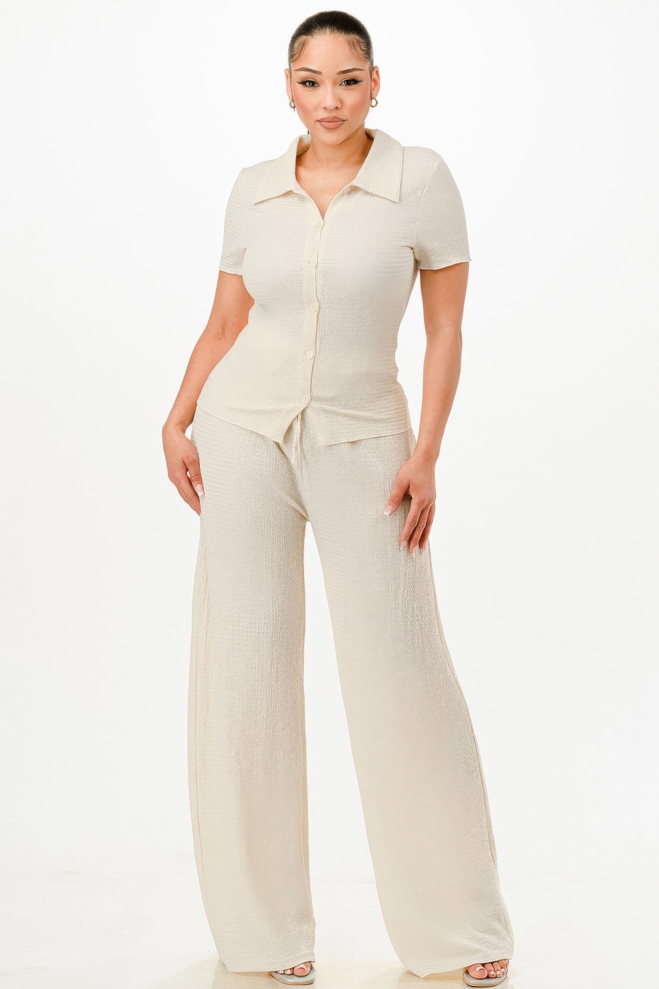 Textured Polo Top And Pants Set - Wear Arielle
