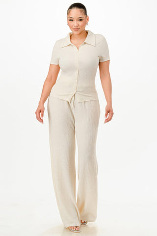 Textured Polo Top And Pants Set - Wear Arielle