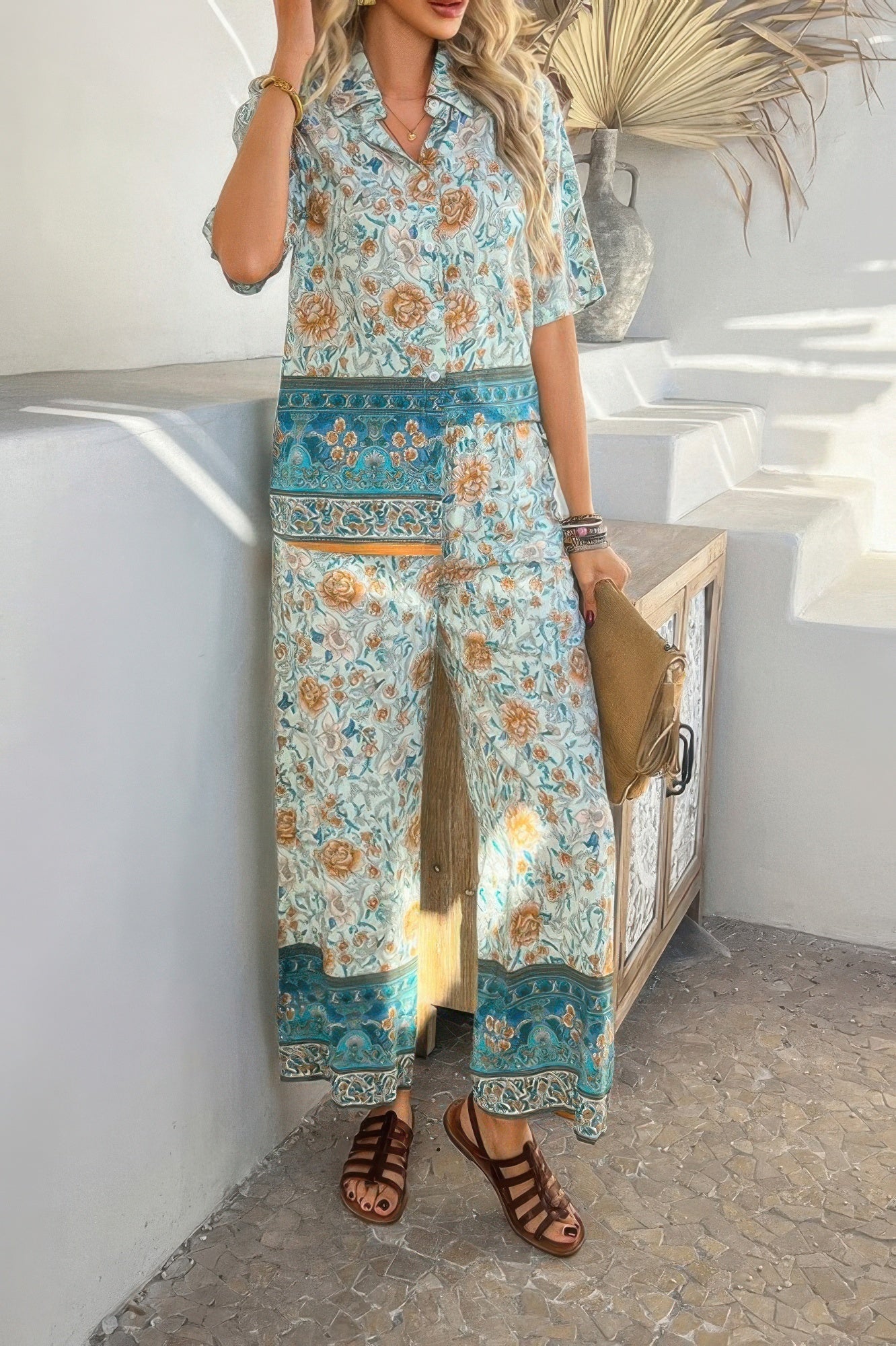 Two Pieces Button Down Boho Blouse Pant Sets - Wear Arielle