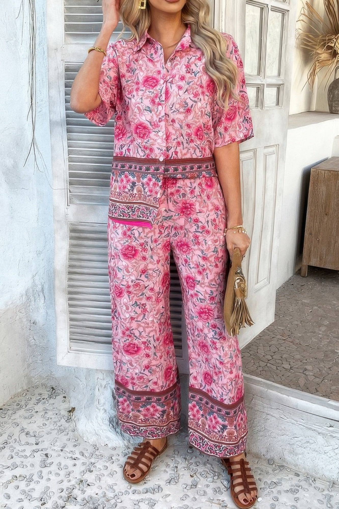 Two Pieces Button Down Boho Blouse Pant Sets - Wear Arielle