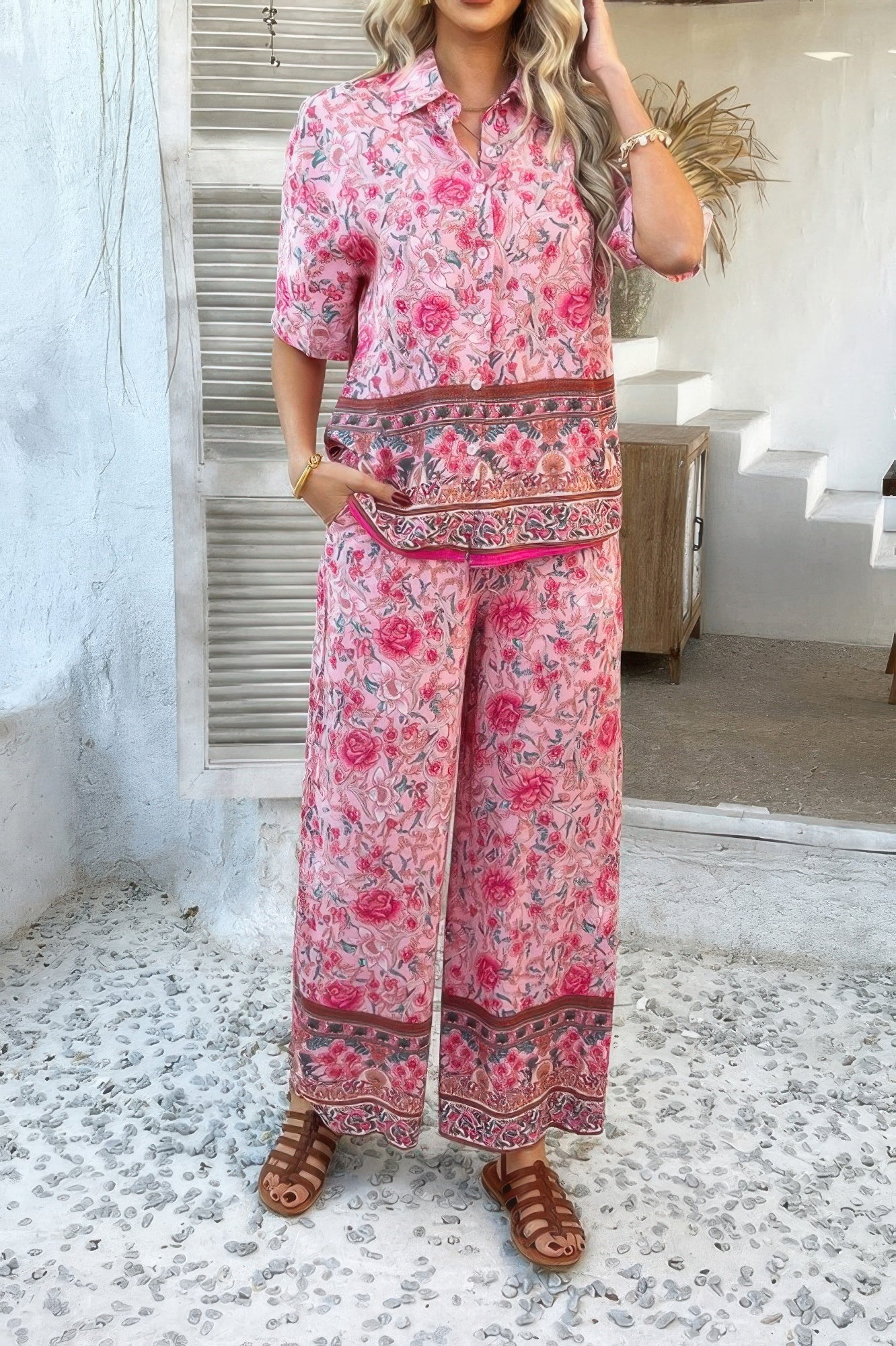 Two Pieces Button Down Boho Blouse Pant Sets - Wear Arielle