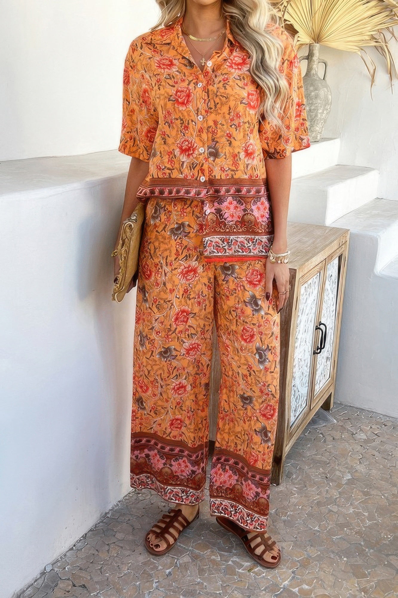 Two Pieces Button Down Boho Blouse Pant Sets - Wear Arielle