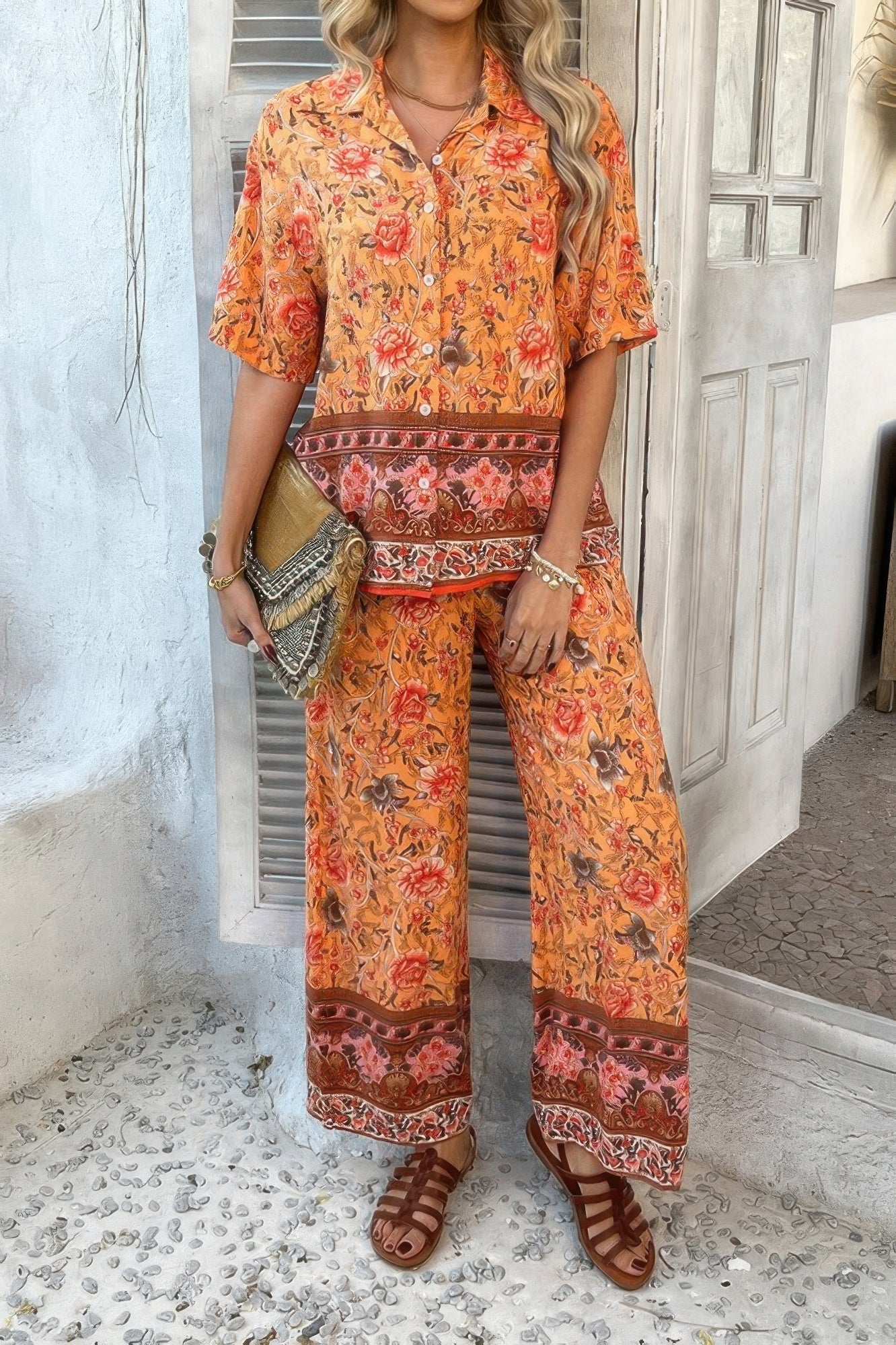 Two Pieces Button Down Boho Blouse Pant Sets - Wear Arielle