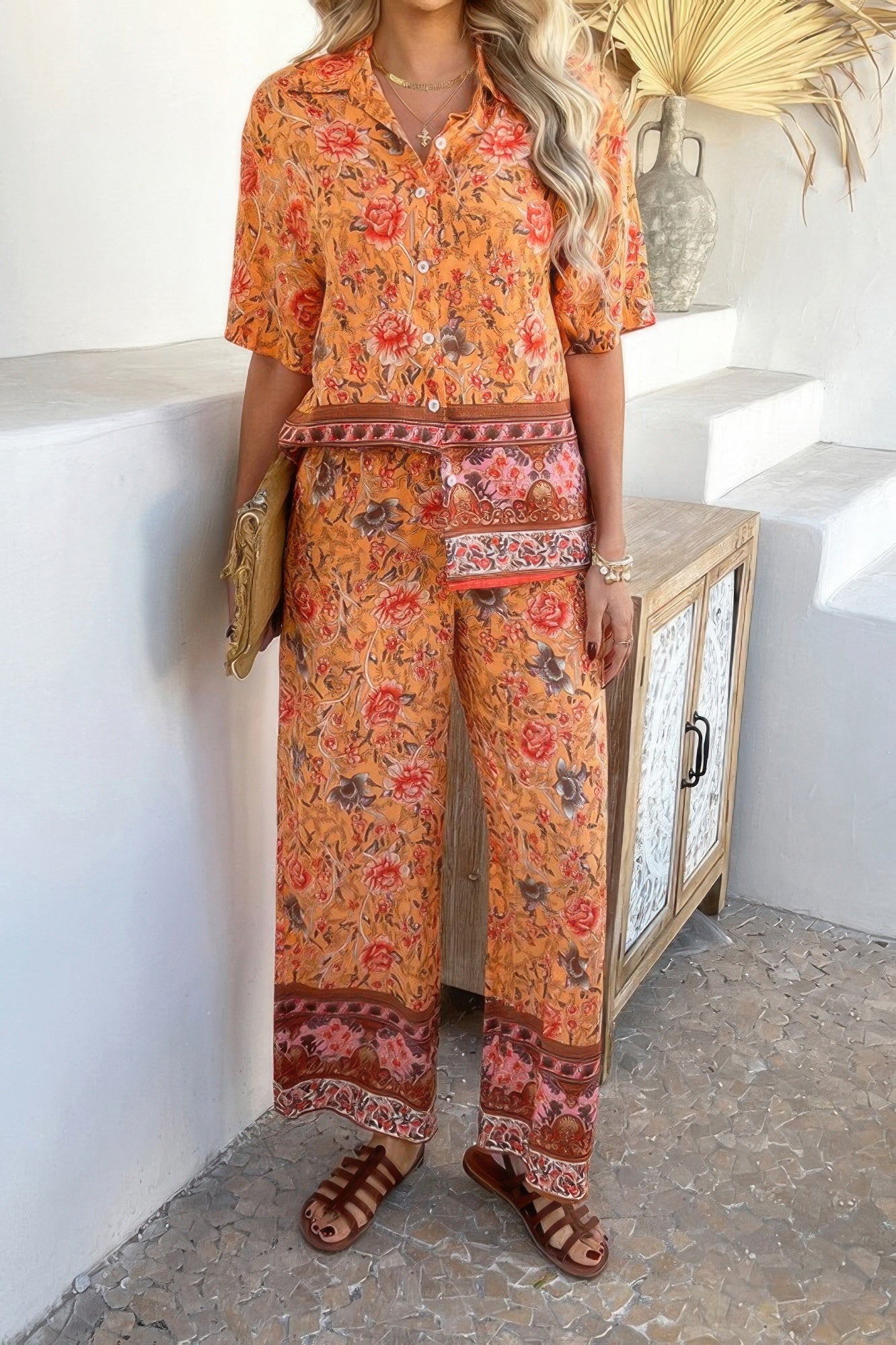 Two Pieces Button Down Boho Blouse Pant Sets - Wear Arielle