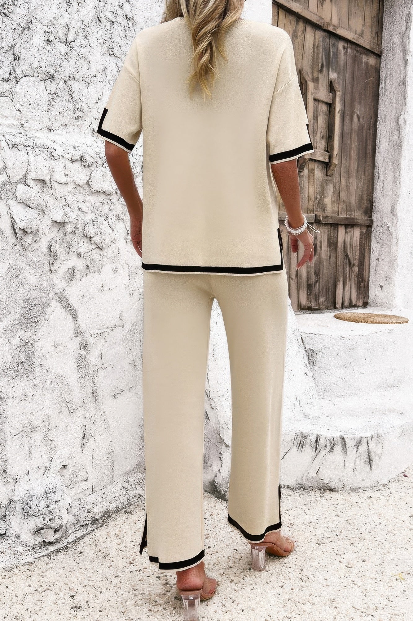 Two Pieces Outfits Knit Short Sleeve Wide Leg Loun - Wear Arielle