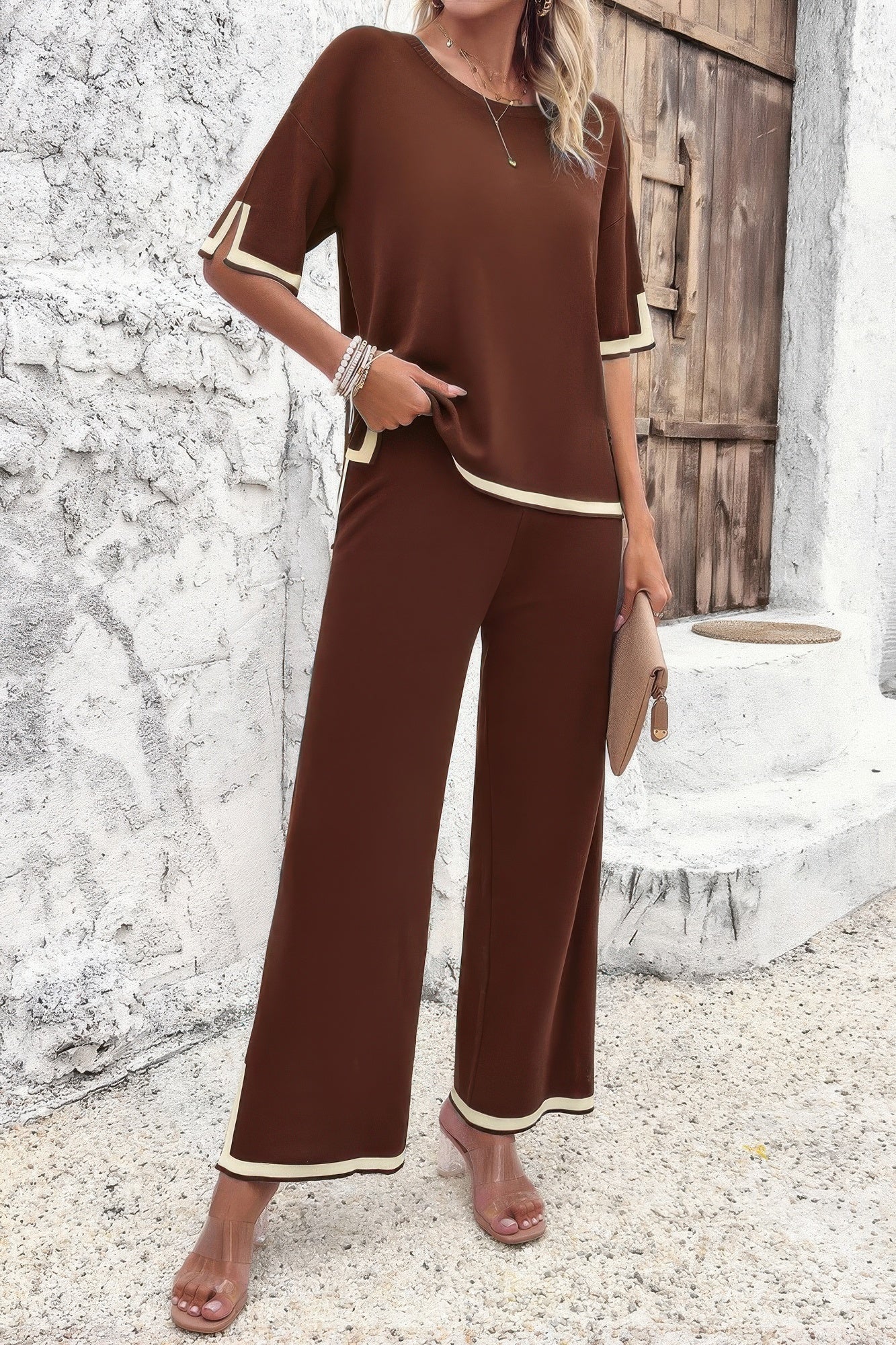 Two Pieces Outfits Knit Short Sleeve Wide Leg Loun - Wear Arielle