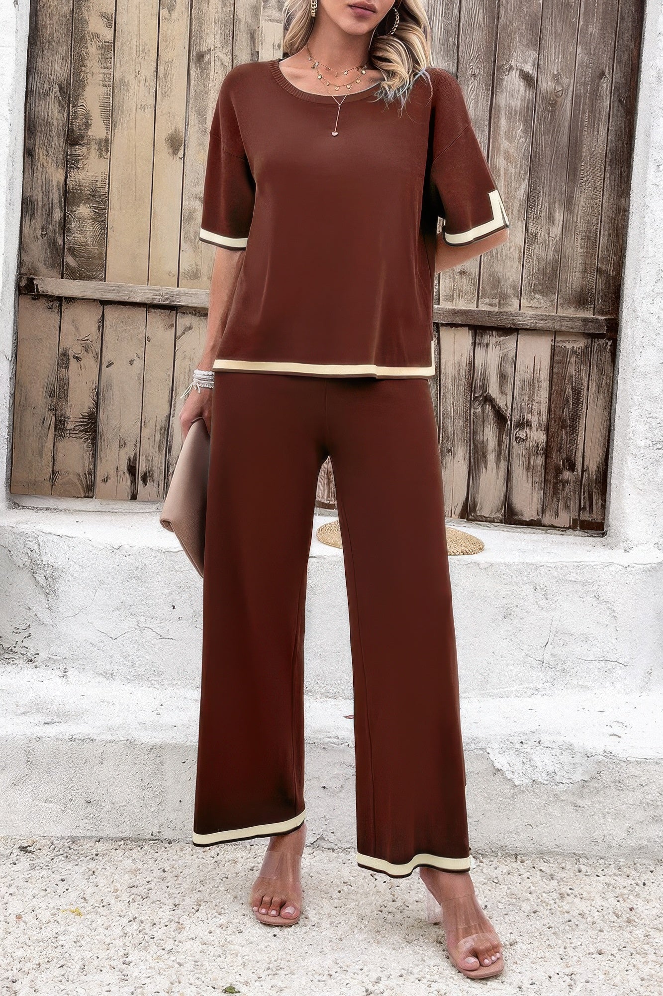 Two Pieces Outfits Knit Short Sleeve Wide Leg Loun - Wear Arielle