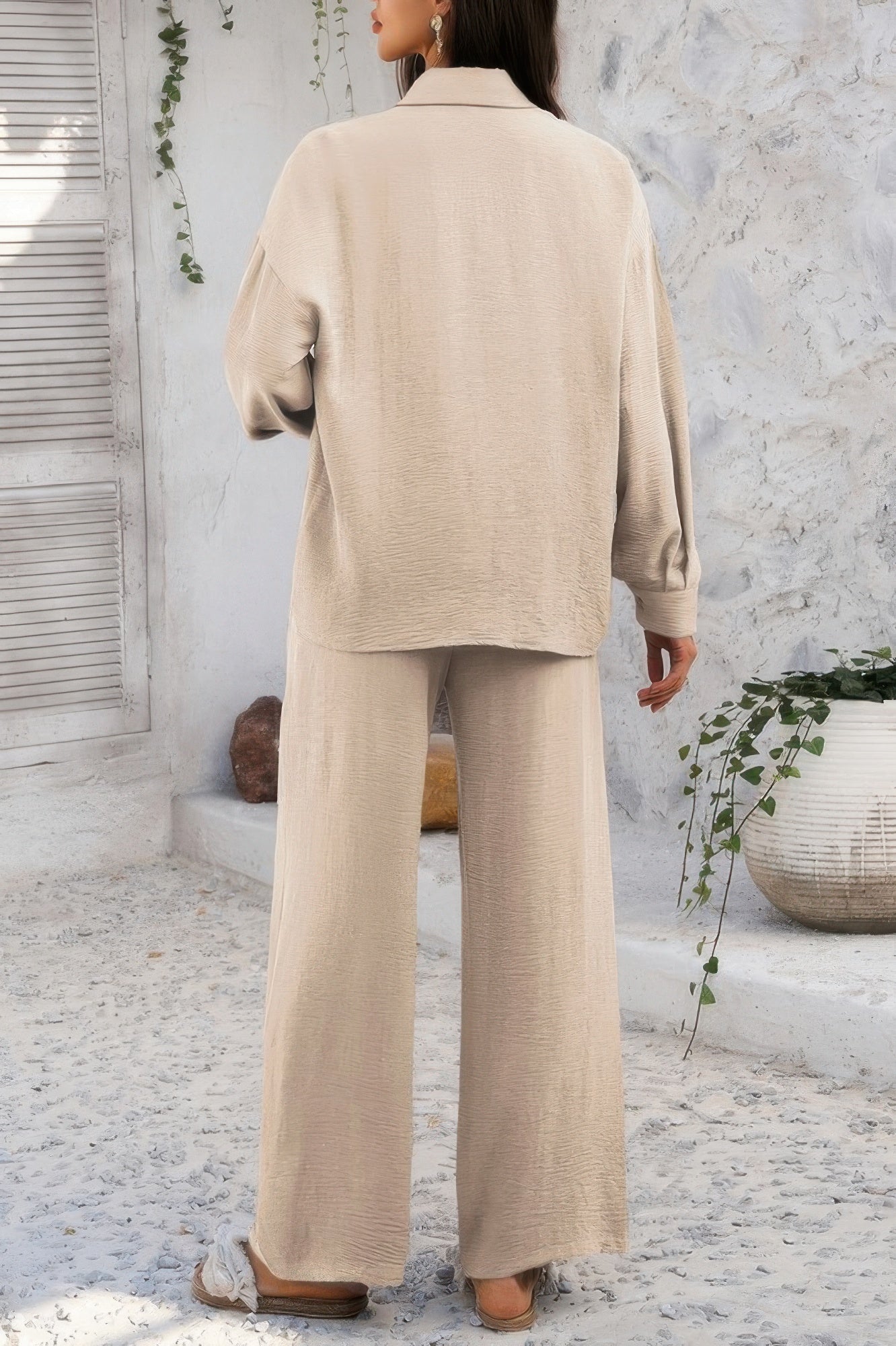 Two Pieces Solid Button Down Blouse Pant Sets - Wear Arielle