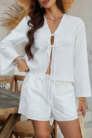 Two Pieces Tie Open Front V Neck Long Sleeve Sets - Wear Arielle