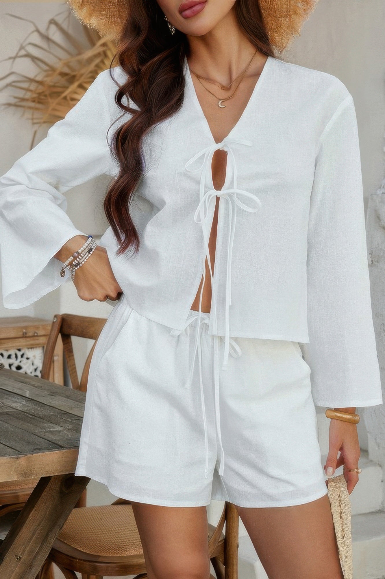 Two Pieces Tie Open Front V Neck Long Sleeve Sets - Wear Arielle