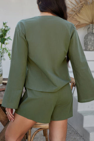 Two Pieces Tie Open Front V Neck Long Sleeve Sets - Wear Arielle