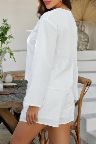 Two Pieces Tie Open Front V Neck Long Sleeve Sets - Wear Arielle