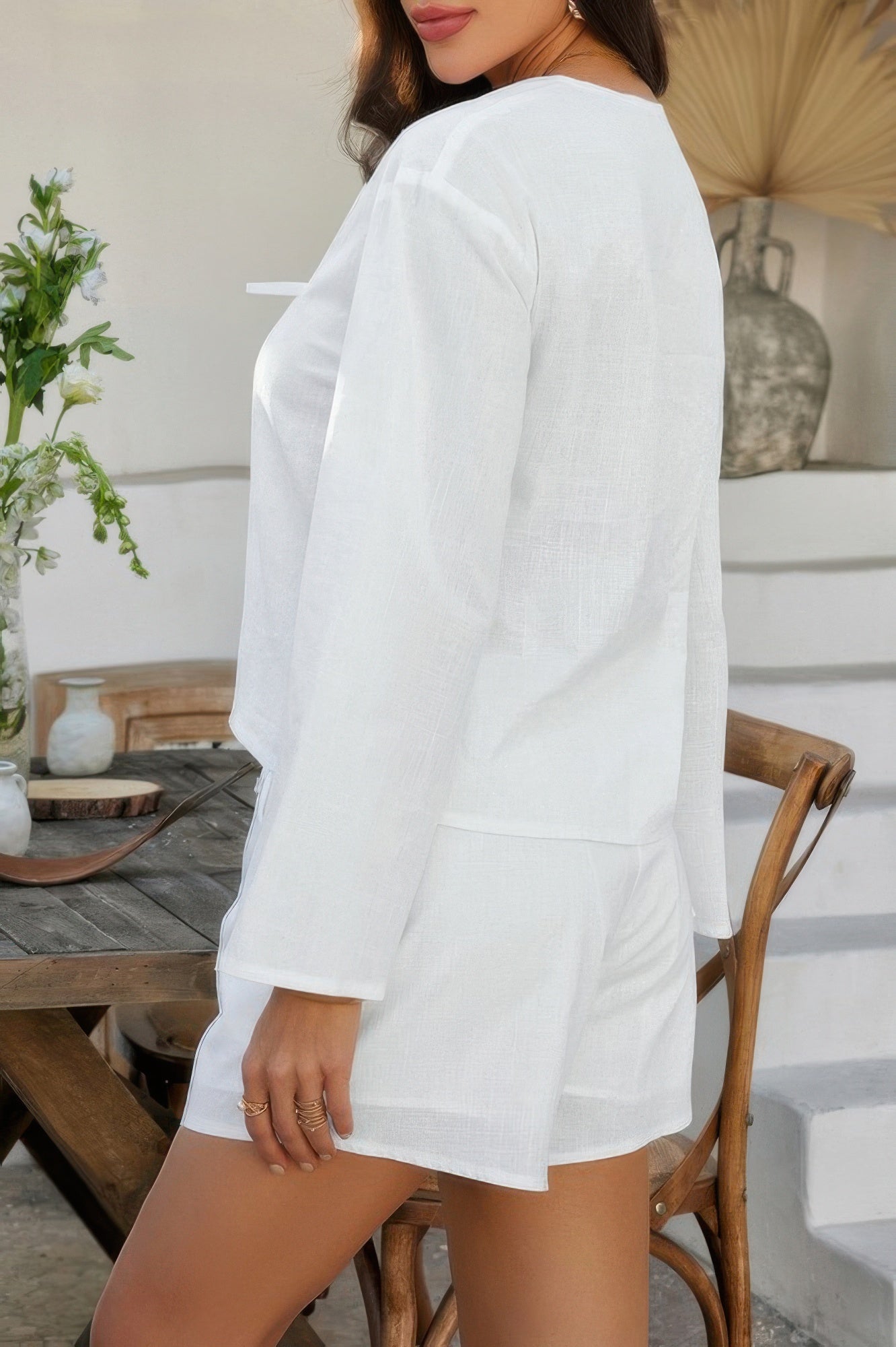 Two Pieces Tie Open Front V Neck Long Sleeve Sets - Wear Arielle