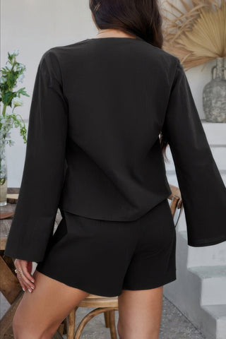 Two Pieces Tie Open Front V Neck Long Sleeve Sets - Wear Arielle