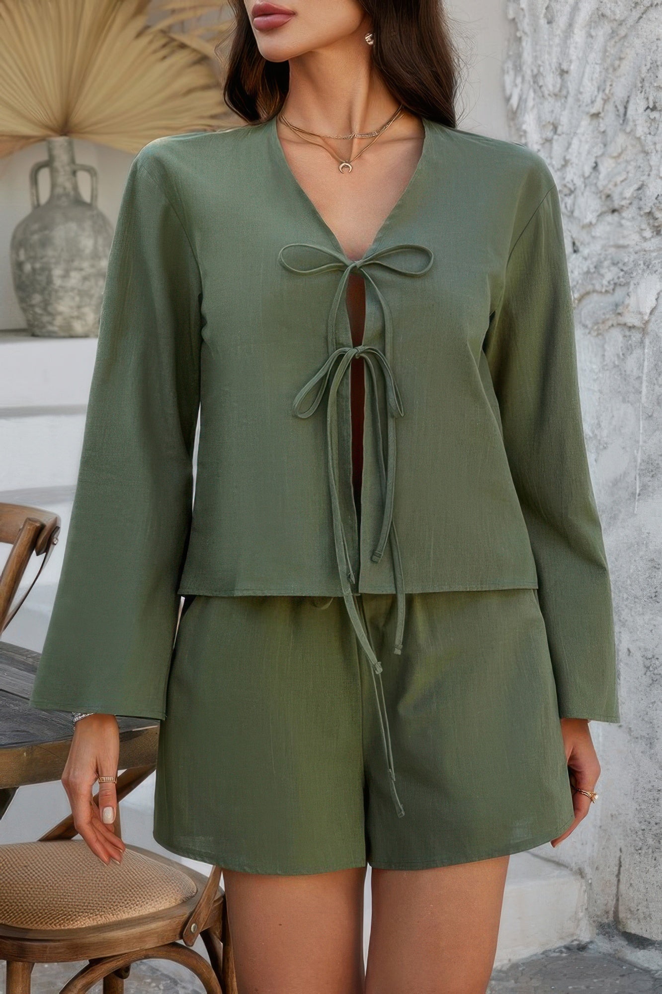 Two Pieces Tie Open Front V Neck Long Sleeve Sets - Wear Arielle